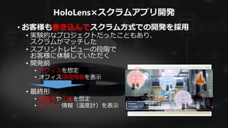 HoloLens×スクラムアプリ開発
• お客様も巻き込んでスクラム方式での開発を採用
• 実験的なプロジェクトだったこともあり、
スクラムがマッチした
• スプリントレビューの段階で
お客様に体験していただく
• 開発前
• オフィスを想定
• オフィス環境情報を表示
• 最終形
• 発電所や工場を想定
• センサー情報（温度計）を表示
28.3℃
SC-101 22.4℃
SC-105
23.5℃
SC-105
Room: W-204
Average ℃: 20.4℃
Sensor Status：
〇 〇 △ 〇
00:00 24:00
28.3℃
SC-101 22.4℃
SC-105
23.5℃
SC-105
Room: W-204
Average ℃: 20.4℃
00:00 24:00
 