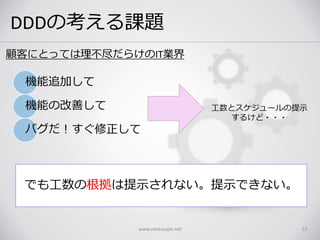 DDDの考える課題
www.nextscape.net 13
顧客にとっては理不尽だらけのIT業界
機能追加して
機能の改善して
バグだ！すぐ修正して
工数とスケジュールの提示
するけど・・・
でも工数の根拠は提示されない。提示できない。
 