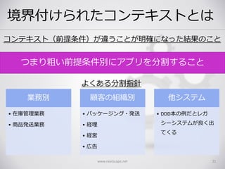 境界付けられたコンテキストとは
業務別
• 在庫管理業務
• 商品発送業務
顧客の組織別
• パッケージング・発送
• 経理
• 経営
• 広告
他システム
• DDD本の例だとレガ
シーシステムが良く出
てくる
www.nextscape.net 21
つまり粗い前提条件別にアプリを分割すること
よくある分割指針
コンテキスト（前提条件）が違うことが明確になった結果のこと
 