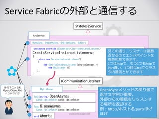 Service Fabricの外部と通信する
www.nextscape.net 46
StatelessService
RunASync, OnOpenASync, OnCloseASync, OnAbort
MyService
ICommunicationListener
MyListener
protected override IEnumerable<ServiceInstanceListener>
CreateServiceInstanceListeners()
{
return new ServiceInstanceListener[]
{
new ServiceInstanceListener(serviceContext =>
new MyListener ())
};
}
Task<string> OpenAsync(
CancellationToken cancellationToken)
Task CloseAsync(
CancellationToken cancellationToken)
void Abort()
見ての通り、リスナーは複数
返せるのでエンドポイントを
複数用意できます。
1つはhttpで、もう1つもhttpで
Port違い、3つ目はtcpでクラス
タ内通信とかできます
あれ？こっちも
Open,Close,Abo
rtじゃないか
OpenASyncメソッドの戻り値で
返す文字列が重要。
外部からの着信をリッスンす
る場所を返却する
例：http://ホスト名:port/ほげ
ほげ
 