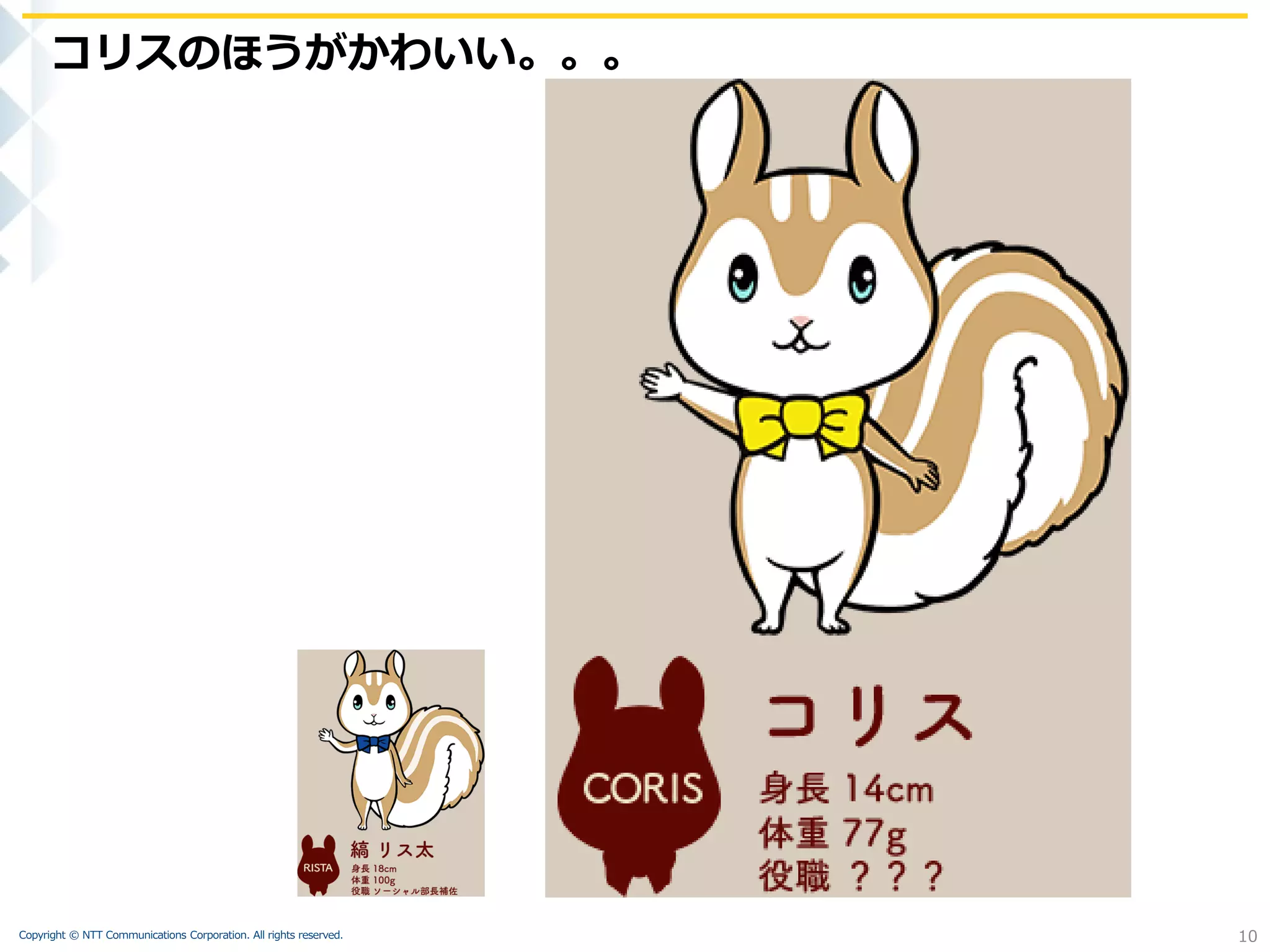 Copyright © NTT Communications Corporation. All rights reserved.
コリスのほうがかわいい。。。
10
 