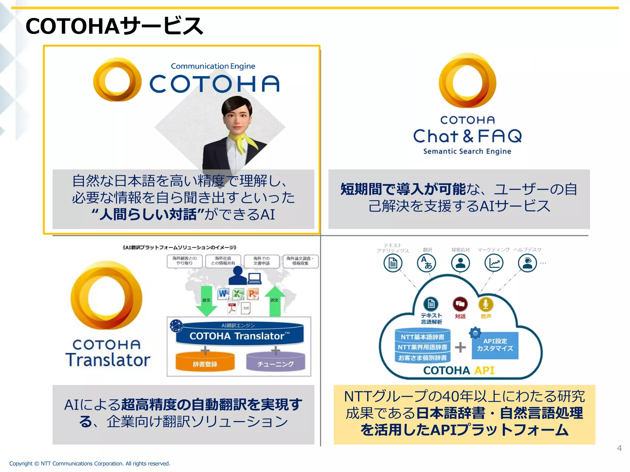Copyright © NTT Communications Corporation. All rights reserved.
COTOHAサービス
4
短期間で導入が可能な、ユーザーの自
己解決を支援するAIサービス
自然な日本語を高い精度で理解し、
必要な情報を自ら聞き出すといった
“人間らしい対話”ができるAI
AIによる超高精度の自動翻訳を実現す
る、企業向け翻訳ソリューション
NTTグループの40年以上にわたる研究
成果である日本語辞書・自然言語処理
を活用したAPIプラットフォーム
 
