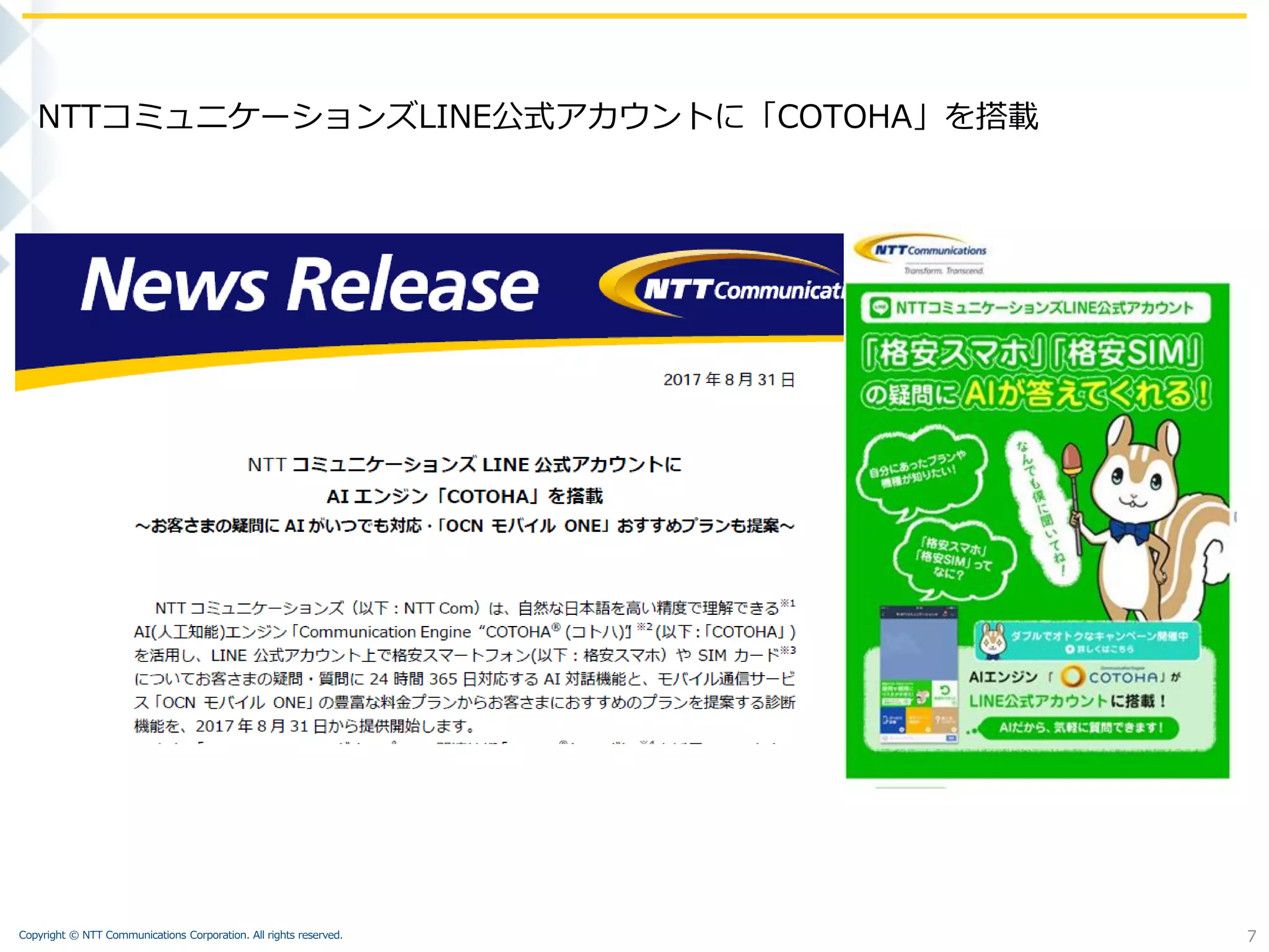 Copyright © NTT Communications Corporation. All rights reserved. 7
7
NTTコミュニケーションズLINE公式アカウントに「COTOHA」を搭載
 