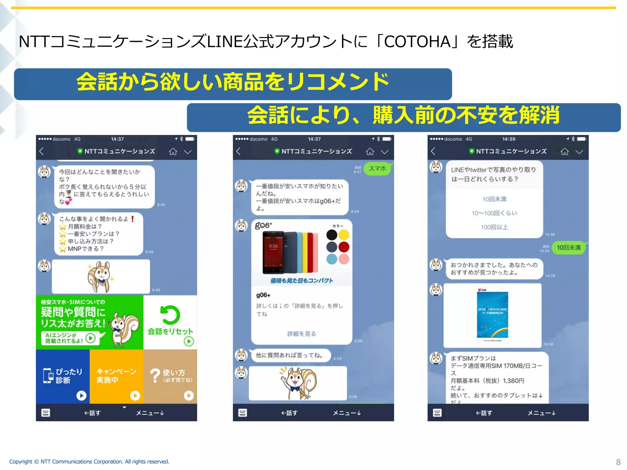 Copyright © NTT Communications Corporation. All rights reserved. 8
会話から欲しい商品をリコメンド
会話により、購入前の不安を解消
NTTコミュニケーションズLINE公式アカウントに「COTOHA」を搭載
 