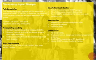 Showcasing Impact Manager !
!
Role Description!
The Showcasing Impact Manager will be responsible in
supporting the MC VP GCDPo to showcase the impact of
GCDP experiences as well as raising awareness and
growth!
!
Duration: July 2013 – June 2014 !
Reports to: Sarah (MC VP GCDPo)!
!
Areas of Responsibility!
1.  Conduct market research of proﬁling GCDPo!
2.  Develop national and local showcase projects
with Youth Marketing!
3.  Coach and consult LC on the implementation of
such projects!
Major Stakeholders!
Internal: MC VP GCDPo, LC VP GCDPo, Eps, other
AIESEC entities!
!
!
!
!
!
!
!
Key Performing Indicators!
1.  Growth in awareness of GCDPo program !
2.  No. of showcasing impact initiatives held!
3.  No. of GCDPo applications that follow from such
initiatives held!
Key Learning!
1.  Marketing and events management skills!
2.  Project management !
3.  Coaching skills !
Expectations!
1.  10 hours weekly!
2.  Past experience in design and events management is
preferred !
3.  Past GCDPo experience as EP is preferred!
4.  Attend GCDPo related functional training!
 