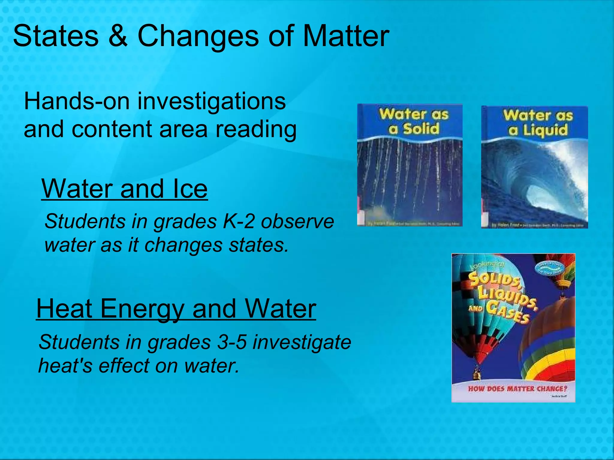 States & Changes of Matter Water and Ice Heat Energy and Water Students in grades K-2 observe water as it changes states. Students in grades 3-5 investigate heat's effect on water.   Hands-on investigations and content area reading 