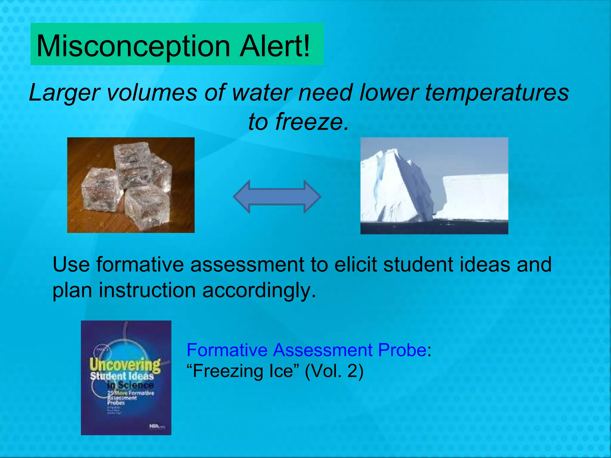 Larger volumes of water need lower temperatures to freeze. Misconception Alert! Use formative assessment to elicit student ideas and  plan instruction accordingly. Formative Assessment Probe : “ Freezing Ice” (Vol. 2) 