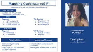 Finance Manager
Skills
Behaviors
Time Required
Facilitating financial sustainability on the local and national level
Duration: July 6th-June 30th
Commitment: 10-12 hours a week
Required
● Must be local (can read/write Thai)
● Accounting/Fin background
● Analytical and Critical thinking
● (Optional) Auditing/ Quickbooks
skill
Will Develop
● Finance, audit, and
accounting skills
● Data analyzing skills
● Communication skills
Required
● Responsible and Responsive
● Patient and Flexible
● Detail-oriented
Will Develop
● Professionalism
Responsibilities Measures of Success
-LC quarterly Internal Audit
-Collect documents and design Financial
education materials
-Design investment ROI
-Partial MC Operation Management
-# of LCs audited
-% of Financial health
-# of education conducted
-# of investment trackers and % ROI
-# of Thai documents/operations handled
Accountability to:
MCVP Fin
Yenkroy LY
ly.yenkroy@aiesec.net
 