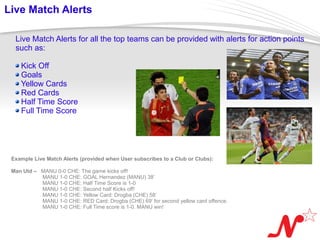Live Match Alerts

   Live Match Alerts for all the top teams can be provided with alerts for action points
   such as:

     Kick Off
     Goals
     Yellow Cards
     Red Cards
     Half Time Score
     Full Time Score




 Example Live Match Alerts (provided when User subscribes to a Club or Clubs):

 Man Utd – MANU 0-0 CHE: The game kicks off!
           MANU 1-0 CHE: GOAL Hernandez (MANU) 38’
           MANU 1-0 CHE: Half Time Score is 1-0
           MANU 1-0 CHE: Second half Kicks off!
           MANU 1-0 CHE: Yellow Card: Drogba (CHE) 58’
           MANU 1-0 CHE: RED Card: Drogba (CHE) 69’ for second yellow card offence.
           MANU 1-0 CHE: Full Time score is 1-0. MANU win!


 Page  11
 