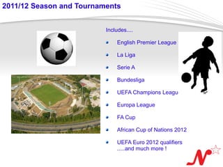 2011/12 Season and Tournaments


                          Includes....

                              English Premier League

                              La Liga

                              Serie A

                              Bundesliga

                              UEFA Champions League

                              Europa League

                              FA Cup

                              African Cup of Nations 2012

                              UEFA Euro 2012 qualifiers
                              .....and much more !
 Page  2
 