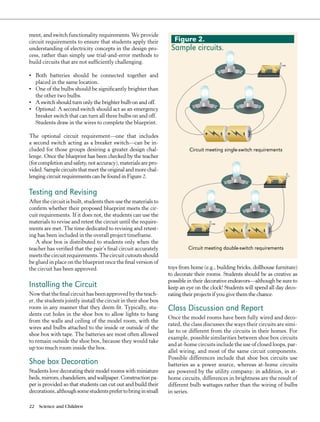 ment, and switch functionality requirements. We provide
circuit requirements to ensure that students apply their           Figure 2.
understanding of electricity concepts in the design pro-          Sample circuits.
cess, rather than simply use trial-and-error methods to
build circuits that are not sufficiently challenging.

•	 Both batteries should be connected together and
   placed in the same location.
•	 One of the bulbs should be significantly brighter than
   the other two bulbs.
•	 A switch should turn only the brighter bulb on and off.
•	 Optional: A second switch should act as an emergency
   breaker switch that can turn all three bulbs on and off.
   Students draw in the wires to complete the blueprint.
                                                                                  +         +
The optional circuit requirement—one that includes




                                                                                       _



                                                                                                 _
a second switch acting as a breaker switch—can be in-
cluded for those groups desiring a greater design chal-                   Circuit meeting single-switch requirements
lenge. Once the blueprint has been checked by the teacher
(for completion and safety, not accuracy), materials are pro-
vided. Sample circuits that meet the original and more chal-
lenging circuit requirements can be found in Figure 2.

Testing and Revising
After the circuit is built, students then use the materials to
confirm whether their proposed blueprint meets the cir-
cuit requirements. If it does not, the students can use the
materials to revise and retest the circuit until the require-
ments are met. The time dedicated to revising and retest-                                  +         +
                                                                                                _



                                                                                                           _
ing has been included in the overall project timeframe.
   A shoe box is distributed to students only when the
                              +        +
                                 _



                                            _




teacher has verified that the pair’s final circuit accurately             Circuit meeting double-switch requirements
meets the circuit requirements. The circuit cutouts should
be glued in place on the blueprint once the final version of
the circuit has been approved.                                   toys from home (e.g., building bricks, dollhouse furniture)
                                                                 to decorate their rooms. Students should be as creative as
                                                                 possible in their decorative endeavors—although be sure to
Installing the Circuit                                           keep an eye on the clock! Students will spend all day deco-
Now that the final circuit has been approved by the teach-       rating their projects if you give them the chance.
er, the students jointly install the circuit in their shoe box
room in any manner that they deem fit. Typically, stu-           Class Discussion and Report
dents cut holes in the shoe box to allow lights to hang
                                                                 Once the model rooms have been fully wired and deco-
from the walls and ceiling of the model room, with the
                                                                 rated, the class discusses the ways their circuits are simi-
wires and bulbs attached to the inside or outside of the
                                                                 lar to or different from the circuits in their homes. For
shoe box with tape. The batteries are most often allowed
                                                                 example, possible similarities between shoe box circuits
to remain outside the shoe box, because they would take
                                                                 and at-home circuits include the use of closed loops, par-
up too much room inside the box.
                                                                 allel wiring, and most of the same circuit components.
                                                                 Possible differences include that shoe box circuits use
Shoe box Decoration                                              batteries as a power source, whereas at-home circuits
Students love decorating their model rooms with miniature        are powered by the utility company; in addition, in at-
beds, mirrors, chandeliers, and wallpaper. Construction pa-      home circuits, differences in brightness are the result of
per is provided so that students can cut out and build their     different bulb wattages rather than the wiring of bulbs
decorations, although some students prefer to bring in small     in series.

22   Science and Children
 