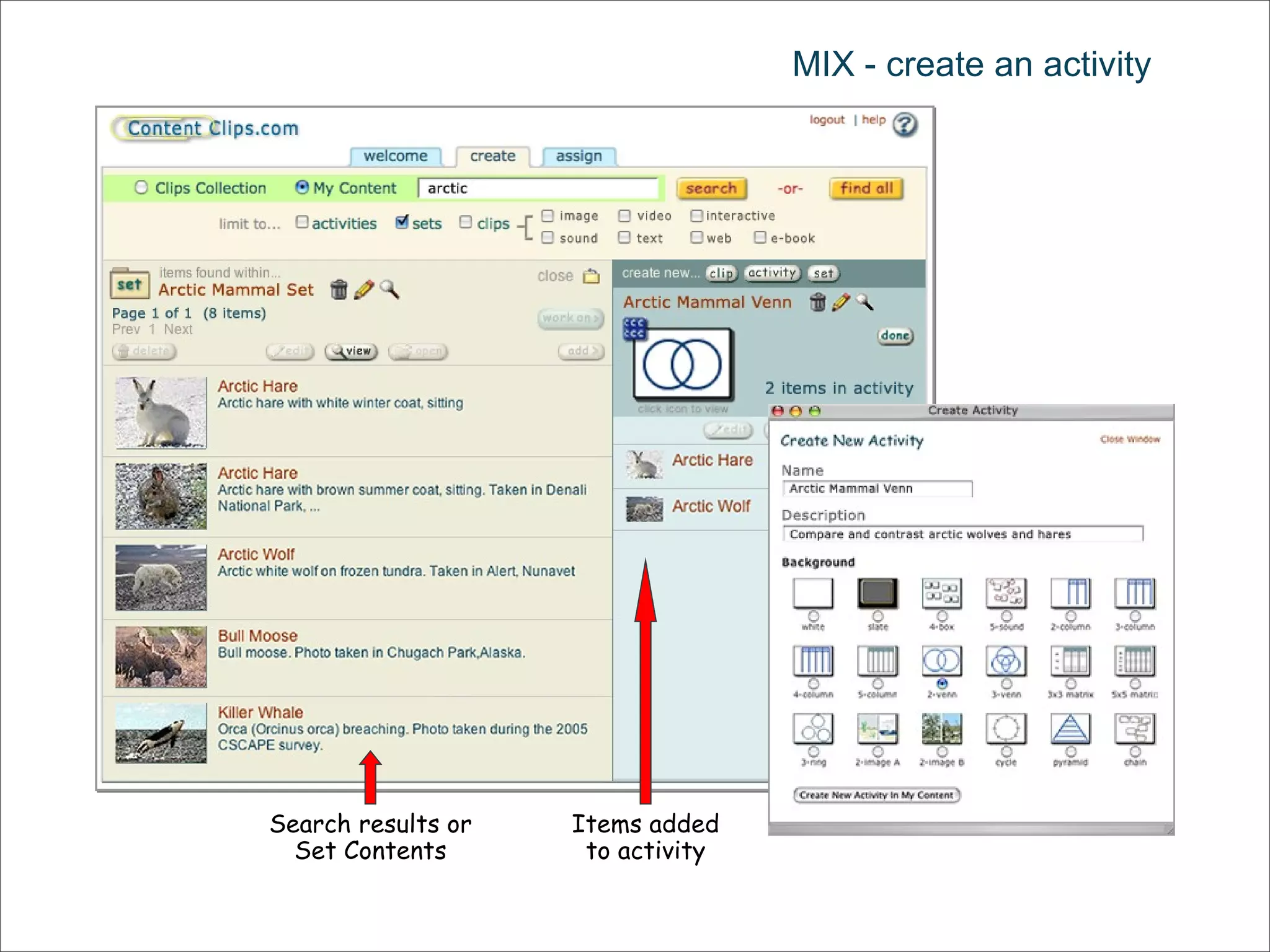 MIX - create an activity Search results or Set Contents Items added to activity 