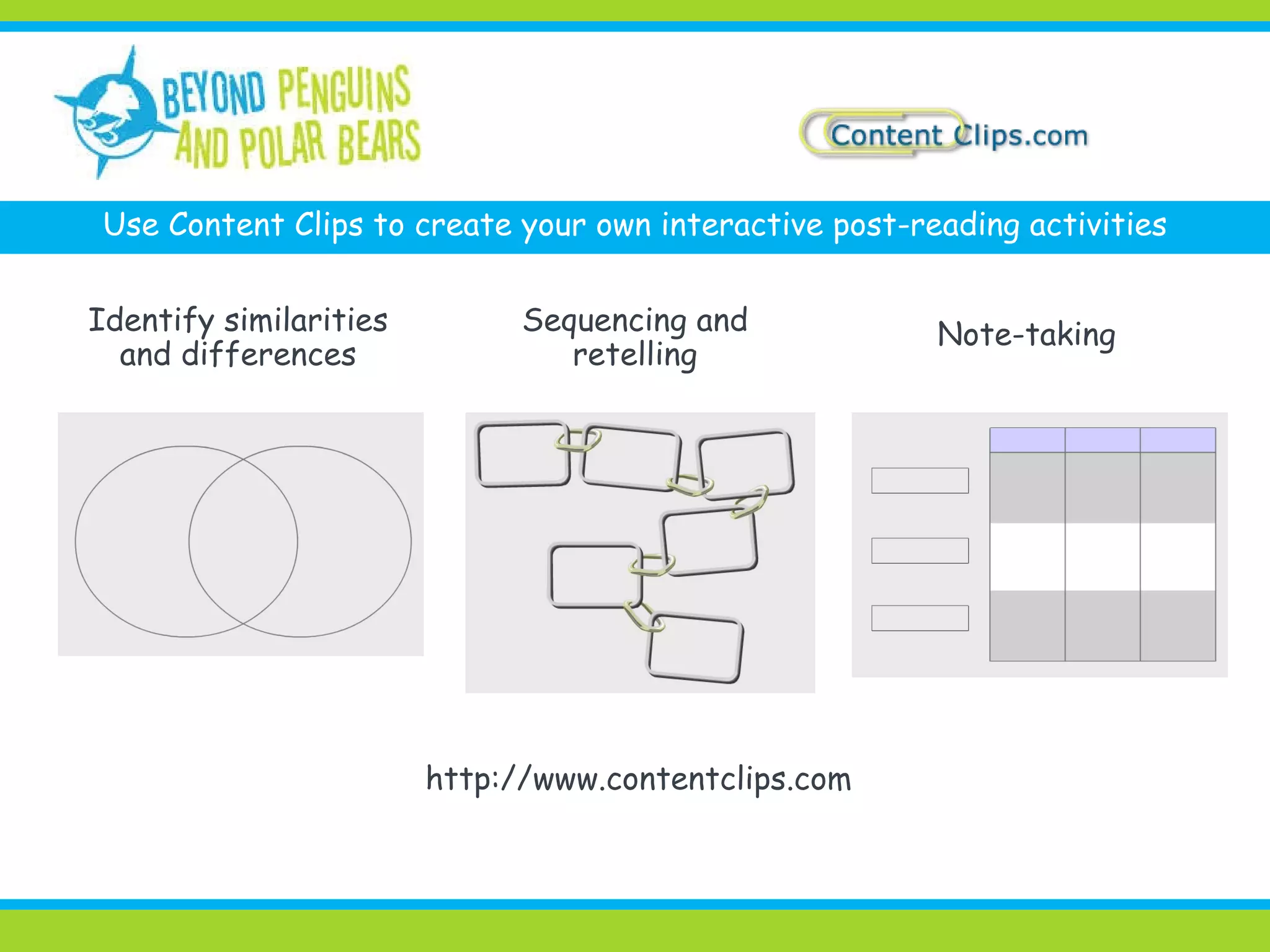 Use Content Clips to create your own interactive post-reading activities Identify similarities and differences Sequencing and retelling Note-taking http://www.contentclips.com 