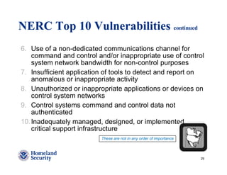 NERC Top 10 Vulnerabilities continued
6. Use of a non-dedicated communications channel for
    command and control and/or inappropriate use of control
    system network bandwidth for non-control purposes
7. Insufficient application of tools to detect and report on
    anomalous or inappropriate activity
8. Unauthorized or inappropriate applications or devices on
    control system networks
9. Control systems command and control data not
    authenticated
10. Inadequately managed, designed, or implemented
    critical support infrastructure
                          These are not in any order of importance



                                                                     29
 