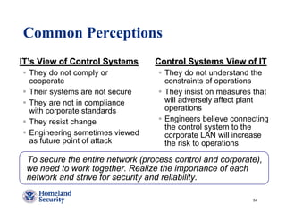 Common Perceptions
IT’s View of Control Systems      Control Systems View of IT
  They do not comply or             They do not understand the
  cooperate                         constraints of operations
  Their systems are not secure      They insist on measures that
  They are not in compliance        will adversely affect plant
  with corporate standards          operations
  They resist change                Engineers believe connecting
                                    the control system to the
  Engineering sometimes viewed      corporate LAN will increase
  as future point of attack         the risk to operations

 To secure the entire network (process control and corporate),
 we need to work together. Realize the importance of each
 network and strive for security and reliability.

                                                           34
 