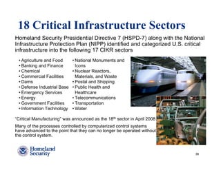 18 Critical Infrastructure Sectors
Homeland Security Presidential Directive 7 (HSPD-7) along with the National
Infrastructure Protection Plan (NIPP) identified and categorized U.S. critical
infrastructure into the following 17 CIKR sectors
 • Agriculture and Food      • National Monuments and
 • Banking and Finance         Icons
 • Chemical                  • Nuclear Reactors,
 • Commercial Facilities       Materials, and Waste
 • Dams                      • Postal and Shipping
 • Defense Industrial Base   • Public Health and
 • Emergency Services          Healthcare
 • Energy                    • Telecommunications
 • Government Facilities     • Transportation
 • Information Technology    • Water

“Critical Manufacturing” was announced as the 18th sector in April 2008
Many of the processes controlled by computerized control systems
have advanced to the point that they can no longer be operated without
the control system.



                                                                          38
 