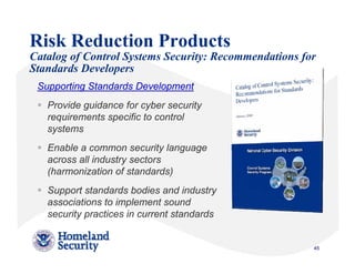 Risk Reduction Products
Catalog of Control Systems Security: Recommendations for
Standards Developers
 Supporting Standards Development
   Provide guidance for cyber security
   requirements specific to control
   systems
   Enable a common security language
   across all industry sectors
   (harmonization of standards)
   Support standards bodies and industry
   associations to implement sound
   security practices in current standards


                                                       45
 