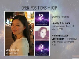Open positions -iGIP 
Working timeline: 
Supply & Demand – from now until end of March 2015 
National Account Coordinator –from now until end of December 2014  