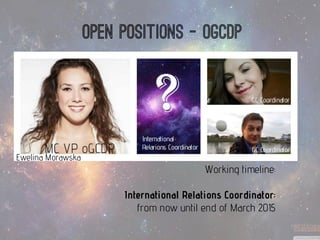 Open positions -ogcdp 
Ewelina Morawska 
Working timeline: 
International Relations Coordinator: 
from now until end of March 2015  
