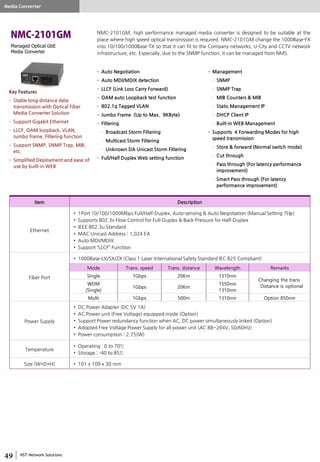 NST Network Solutions
Managed Optical GbE
Media Converter
NMC-2101GM, high performance managed media converter is designed to be suitable at the
place where high speed optical transmission is required. NMC-2101GM change the 1000Base-FX
into 10/100/1000Base-TX so that it can fit to the Company networks, U-City and CCTV network
infrastructure, etc. Especially, due to the SNMP function, it can be managed from NMS.
• Auto Negotiation
• Auto MDI/MDIX detection
• LLCF (Link Loss Carry Forward)
• OAM auto Loopback test function
• 802.1q Tagged VLAN
• Jumbo Frame (Up to Max. 9KByte)
• Filtering
– Broadcast Storm Filtering
– Multicast Storm Filtering
– Unknown DA Unicast Storm Filtering
• Full/Half Duplex Web setting function
• Management
– SNMP
– SNMP Trap
– MIB Counters & MIB
– Static Management IP
– DHCP Client IP
– Built-in WEB Management
• Supports 4 Forwarding Modes for high
speed transmission
– Store & forward (Normal switch mode)
– Cut through
– Pass through (For latency performance
improvement)
– Smart Pass through (For latency
performance improvement)
Item Description
Ethernet
• 1Port 10/100/1000Mbps Full/Half-Duplex, Auto-sensing & Auto Negotiation (Manual Setting 가능)
• Supports 802.3x Flow Control for Full-Duplex & Back Pressure for Half-Duplex
• IEEE 802.3u Standard
• MAC Unicast Address : 1,024 EA
• Auto MDI/MDIX
• Support “LLCF” Function
Fiber Port
• 1000Base-LX/SX/ZX (Class 1 Laser International Safety Standard IEC 825 Compliant)
Mode Trans. speed Trans. distance Wavelength Remarks
Single 1Gbps 20Km 1310nm
Changing the trans.
Distance is optionalWDM
(Single)
1Gbps 20Km
1550nm
1310nm
Multi 1Gbps 500m 1310nm Option 850nm
Power Supply
• DC Power Adapter (DC 5V 1A)
• AC Power unit (Free Voltage) equipped inside (Option)
• Support Power redundancy function when AC, DC power simultaneously linked (Option)
• Adopted Free Voltage Power Supply for all power unit (AC 88~264V, 50/60Hz)
• Power consumption : 2.75(W)
Temperature
• Operating : 0 to 70℃
• Storage : -40 to 85℃
Size (W×D×H) • 101 x 109 x 30 mm
Media Converter
Key Features
• Stable long distance data
transmission with Optical Fiber
Media Converter Solution
• Support Gigabit Ethernet
• LLCF, OAM loopback, VLAN,
Jumbo frame, Filtering function
• Support SNMP, SNMP Trap, MIB,
etc.
• Simplified Deployment and ease of
use by built-in WEB
 