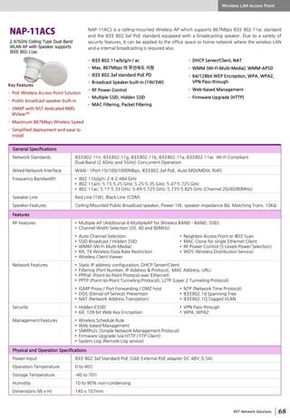 NST Network Solutions
Wireless LAN Access Point
2.4/5GHz Ceiling Type Dual Band
WLAN AP with Speaker supports
IEEE 802.11ac
NAP-11ACS is a ceiling-mounted Wireless AP which supports 867Mbps IEEE 802.11ac standard
and the IEEE 802.3af PoE standard equipped with a broadcasting speaker. Due to a variety of
security features, It can be applied to the office space or home network where the wireless LAN
and a internal broadcasting is required also.
• IEEE 802.11a/b/g/n / ac
• Max. 867Mbps 의 무선속도 지원
• IEEE 802.3af standard PoE PD
• Broadcast Speaker built-in (1W/3W)
• RF Power Control
• Multiple SSID, Hidden SSID
• MAC Filtering, Packet Filtering
• DHCP Server/Client, NAT
• WMM (Wi-Fi Multi-Media), WMM-APSD
• 64/128bit WEP Encryption, WPA, WPA2,
VPN Pass-through
• Web-based Management
• Firmware Upgrade (HTTP)
General Specifications
Network Standards IEEE802.11n, IEEE802.11g, IEEE802.11b, IEEE802.11a, IEEE802.11ac Wi-Fi Compliant
Dual Band (2.4GHz and 5GHz) Concurrent Operation
Wired Network Interface WAN : 1Port 10/100/1000Mbps, IEEE802.3af PoE, Auto MDI/MDIX, RJ45
Frequency Bandwidth • 802.11b/g/n: 2.4-2.484 GHz
• 802.11a/n: 5.15-5.25 GHz; 5.25-5.35 GHz; 5.47-5.725 GHz
• 802.11ac: 5.17-5.33 GHz; 5.49-5.725 GHz; 5.735-5.825 GHz (Channel 20/40/80MHz)
Speaker Line Red Line (1W), Black Line (COM)
Speaker Features Ceiling Mounted Public Broadcast speaker, Power 1W, speaker impedance 8Ω, Matching Trans. 10KΩ
Features
RF Features • Multiple AP (Additional 4-MultipleAP for Wireless BAND – BAND, SSID)
• Channel Width Selection (20, 40 and 80MHz)
• Auto Channel Selection
• SSID Broadcast / Hidden SSID
• WMM (Wi-Fi Multi-Media)
• RX, TX Wireless Data Rate Restriction
• Wireless Client Viewer
• Neighbor Access Point or IBSS Scan
• MAC Clone for single Ethernet Client
• RF Power Control (5-Levels Power Selection)
• WDS (Wireless Distribution Service)
Network Features • Static IP address configuration, DHCP Server/Client
• Filtering (Port Number, IP Address & Protocol, MAC Address, URL)
• PPPoE (Point-to-Point Protocol over Ethernet)
• PPTP (Point-to-Point Tunneling Protocol), L2TP (Layer 2 Tunneling Protocol)
• IGMP Proxy / Port Forwarding / DMZ host
• DOS (Denial-of-Service) Prevention
• NAT (Network Address Translation)
• NTP (Network Time Protocol)
• IEEE802.1d Spanning Tree
• IEEE802.1Q Tagged VLAN
Security • Hidden ESSID
• 64, 128-bit Web Key Encryption
• VPN Pass-through
• WPA, WPA2
Management Features • Wireless Schedule Rule
• Web based Management
• SNMPv2c (Simple Network Management Protocol)
• Firmware Upgrade (via HTTP / FTP Client)
• System Log (Remote Log service)
Physical and Operation Specifications
Power Input IEEE 802.3af Standard PoE (GbE External PoE adapter DC 48V, 0.5A)
Operation Temperature 0 to 40℃
Storage Temperature -40 to 70℃
Humidity 10 to 90% non-condensing
Dimensions (W x H) 140 x 107mm
Key Features
• PoE Wireless Access Point Solution
• Public broadcast speaker built-in
• SNMP with NST dedicated NMS
NViewTM
• Maximum 867Mbps Wireless Speed
• Simplified deployment and ease to
install
 