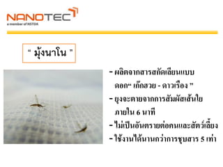 “ มุ้งนาโน ”
- ผลิตจากสารสกัดเลียนแบบ
ดอก“ เก๊กฮวย - ดาวเรือง ”
- ยุงจะตายจากการสัมผัสเส้นใย
ภายใน 6 นาที
- ไม่เป็นอันตรายต่อคนและสัตว์เลี้ยง
- ใช้งานได้นานกว่าการชุบสาร 5 เท่า
 