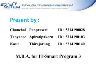 Chanchai Panprasert ID : 5214190028
Tanyanee Apiratipakorn ID : 5214190103
Kosit Thirajarung ID : 5214190140
M.B.A. for IT-Smart Program 3
 