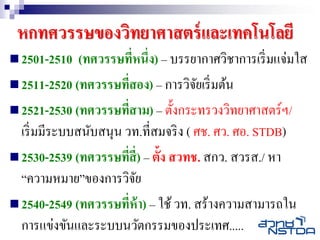 หกทศวรรษของวิทยาศาสตร์ และเทคโนโลยี
 2501-2510    (ทศวรรษที่หนึ่ง) – บรรยากาศวิชาการเริ่ มแจ่มใส
 2511-2520 (ทศวรรษที่สอง) – การวิจยเริ่ มต้น
                                       ั
 2521-2530 (ทศวรรษที่สาม) – ตั้งกระทรวงวิทยาศาสตร์ ฯ/
  เริ่ มมีระบบสนับสนุน วท.ที่สมจริ ง ( ศช. ศว. ศอ. STDB)
 2530-2539 (ทศวรรษที่สี่) – ตั้ง สวทช. สกว. สวรส./ หา
  “ความหมาย”ของการวิจย   ั
 2540-2549 (ทศวรรษที่ห้า) – ใช้ วท. สร้างความสามารถใน
  การแข่งขันและระบบนวัตกรรมของประเทศ.....
 