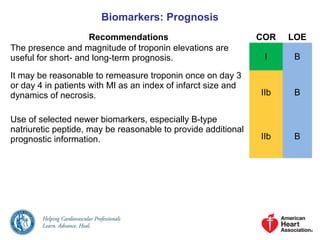 Biomarkers: Prognosis
Recommendations COR LOE
The presence and magnitude of troponin elevations are
useful for short- and long-term prognosis. I B
It may be reasonable to remeasure troponin once on day 3
or day 4 in patients with MI as an index of infarct size and
dynamics of necrosis. IIb B
Use of selected newer biomarkers, especially B-type
natriuretic peptide, may be reasonable to provide additional
prognostic information. IIb B
 