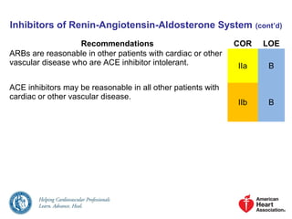 Inhibitors of Renin-Angiotensin-Aldosterone System (cont’d)
Recommendations COR LOE
ARBs are reasonable in other patients with cardiac or other
vascular disease who are ACE inhibitor intolerant. IIa B
ACE inhibitors may be reasonable in all other patients with
cardiac or other vascular disease.
IIb B
 