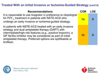 Treated With an Initial Invasive or Ischemia-Guided Strategy (cont’d)
Recommendations COR LOE
It is reasonable to use ticagrelor in preference to clopidogrel
for P2Y12 treatment in patients with NSTE-ACS who
undergo an early invasive or ischemia-guided strategy.
IIa B
In patients with NSTE-ACS treated with an early invasive
strategy and dual antiplatelet therapy (DAPT) with
intermediate/high-risk features (e.g., positive troponin), a
GP IIb/IIIa inhibitor may be considered as part of initial
antiplatelet therapy. Preferred options are eptifibatide or
tirofiban.
IIb B
 