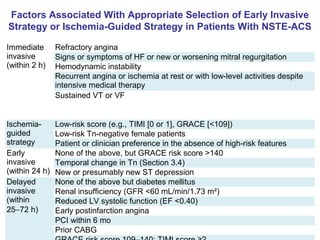 Factors Associated With Appropriate Selection of Early Invasive
Strategy or Ischemia-Guided Strategy in Patients With NSTE-ACS
Immediate
invasive
(within 2 h)
Refractory angina
Signs or symptoms of HF or new or worsening mitral regurgitation
Hemodynamic instability
Recurrent angina or ischemia at rest or with low-level activities despite
intensive medical therapy
Sustained VT or VF
Ischemia-
guided
strategy
Low-risk score (e.g., TIMI [0 or 1], GRACE [<109])
Low-risk Tn-negative female patients
Patient or clinician preference in the absence of high-risk features
Early
invasive
(within 24 h)
None of the above, but GRACE risk score >140
Temporal change in Tn (Section 3.4)
New or presumably new ST depression
Delayed
invasive
(within
25−72 h)
None of the above but diabetes mellitus
Renal insufficiency (GFR <60 mL/min/1.73 m²)
Reduced LV systolic function (EF <0.40)
Early postinfarction angina
PCI within 6 mo
Prior CABG
 
