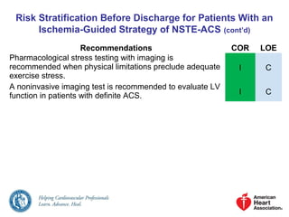 Risk Stratification Before Discharge for Patients With an
Ischemia-Guided Strategy of NSTE-ACS (cont’d)
Recommendations COR LOE
Pharmacological stress testing with imaging is
recommended when physical limitations preclude adequate
exercise stress.
I C
A noninvasive imaging test is recommended to evaluate LV
function in patients with definite ACS. I C
 