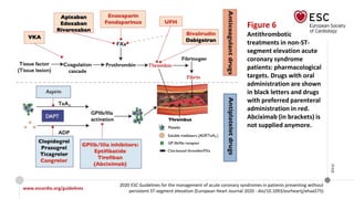 www.escardio.org/guidelines
2020 ESC Guidelines for the management of acute coronary syndromes in patients presenting without
persistent ST-segment elevation (European Heart Journal 2020 - doi/10.1093/eurheartj/ehaa575)
©ESC
Figure 6
Antithrombotic
treatments in non-ST-
segment elevation acute
coronary syndrome
patients: pharmacological
targets. Drugs with oral
administration are shown
in black letters and drugs
with preferred parenteral
administration in red.
Abciximab (in brackets) is
not supplied anymore.
 