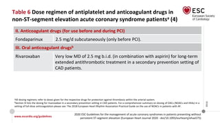 www.escardio.org/guidelines
2020 ESC Guidelines for the management of acute coronary syndromes in patients presenting without
persistent ST-segment elevation (European Heart Journal 2020 - doi/10.1093/eurheartj/ehaa575)
©ESC
Table 6 Dose regimen of antiplatelet and anticoagulant drugs in
non-ST-segment elevation acute coronary syndrome patientsa (4)
II. Anticoagulant drugs (for use before and during PCI)
Fondaparinux 2.5 mg/d subcutaneously (only before PCI).
III. Oral anticoagulant drugsb
Rivaroxaban Very low MD of 2.5 mg b.i.d. (in combination with aspirin) for long-term
extended antithrombotic treatment in a secondary prevention setting of
CAD patients.
aAll dosing regimens refer to doses given for the respective drugs for protection against thrombosis within the arterial system.
bSection III lists the dosing for rivaroxaban in a secondary prevention setting in CAD patients. For a comprehensive summary on dosing of OACs (NOACs and VKAs) in a
setting of full-dose anticoagulation please see: The 2018 European Heart Rhythm Association Practical Guide on the use of NOACs in patients with AF.
 