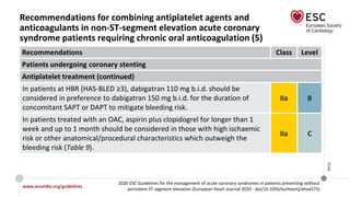 www.escardio.org/guidelines
2020 ESC Guidelines for the management of acute coronary syndromes in patients presenting without
persistent ST-segment elevation (European Heart Journal 2020 - doi/10.1093/eurheartj/ehaa575)
©ESC
Recommendations for combining antiplatelet agents and
anticoagulants in non-ST-segment elevation acute coronary
syndrome patients requiring chronic oral anticoagulation (5)
Recommendations Class Level
Patients undergoing coronary stenting
Antiplatelet treatment (continued)
In patients at HBR (HAS-BLED ≥3), dabigatran 110 mg b.i.d. should be
considered in preference to dabigatran 150 mg b.i.d. for the duration of
concomitant SAPT or DAPT to mitigate bleeding risk.
IIa B
In patients treated with an OAC, aspirin plus clopidogrel for longer than 1
week and up to 1 month should be considered in those with high ischaemic
risk or other anatomical/procedural characteristics which outweigh the
bleeding risk (Table 9).
IIa C
 