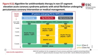 www.escardio.org/guidelines
2020 ESC Guidelines for the management of acute coronary syndromes in patients presenting without
persistent ST-segment elevation (European Heart Journal 2020 - doi/10.1093/eurheartj/ehaa575)
©ESC
Figure 8 (1) Algorithm for antithrombotic therapy in non-ST-segment
elevation acute coronary syndrome patients with atrial fibrillation undergoing
percutaneous coronary intervention or medical management.
Green (Class I)
yellow (Class IIa)
 