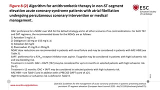 www.escardio.org/guidelines
2020 ESC Guidelines for the management of acute coronary syndromes in patients presenting without
persistent ST-segment elevation (European Heart Journal 2020 - doi/10.1093/eurheartj/ehaa575)
©ESC
Figure 8 (2) Algorithm for antithrombotic therapy in non-ST-segment
elevation acute coronary syndrome patients with atrial fibrillation
undergoing percutaneous coronary intervention or medical
management.
OAC: preference for a NOAC over VKA for the default strategy and in all other scenarios if no contraindications. For both TAT
and DAT regimens, the recommended doses for the NOACs are as follows:
1) Apixaban 5 mg b.i.d.
2) Dabigatran 110 mg or 150 mg b.i.d.
3) Edoxaban 60 mg/d
4) Rivaroxaban 15 mg/d or 20mg/d.
NOAC dose reductions are recommended in patients with renal failure and may be considered in patients with ARC-HBR (see
Table 5).
SAPT: preference for a P2Y12 receptor inhibitor over aspirin. Ticagrelor may be considered in patients with high ischaemic risk
and low bleeding risk.
Treatment >1 month: OAC + DAPT (TAT) may be considered for up to 6 months in selected patients with high ischaemic risk
(IIa C).
Treatment >12 months: OAC + SAPT may be considered in selected patients with high ischaemic risk.
ARC-HBR = see Table 5 and in addition with a PRECISE-DAPT score of ≥25.
High thrombotic or ischaemic risk is defined in Table 9.
 