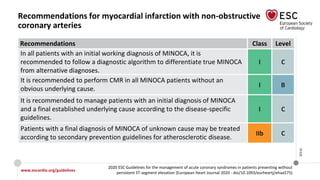 www.escardio.org/guidelines
2020 ESC Guidelines for the management of acute coronary syndromes in patients presenting without
persistent ST-segment elevation (European Heart Journal 2020 - doi/10.1093/eurheartj/ehaa575)
©ESC
Recommendations for myocardial infarction with non-obstructive
coronary arteries
Recommendations Class Level
In all patients with an initial working diagnosis of MINOCA, it is
recommended to follow a diagnostic algorithm to differentiate true MINOCA
from alternative diagnoses.
I C
It is recommended to perform CMR in all MINOCA patients without an
obvious underlying cause.
I B
It is recommended to manage patients with an initial diagnosis of MINOCA
and a final established underlying cause according to the disease-specific
guidelines.
I C
Patients with a final diagnosis of MINOCA of unknown cause may be treated
according to secondary prevention guidelines for atherosclerotic disease.
IIb C
 