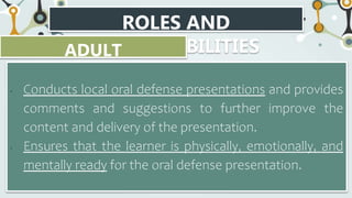 ROLES AND
RESPONSIBILITIES
ADULT
ADVISOR/SPONSOR
• Conducts local oral defense presentations and provides
comments and suggestions to further improve the
content and delivery of the presentation.
• Ensures that the learner is physically, emotionally, and
mentally ready for the oral defense presentation.
 
