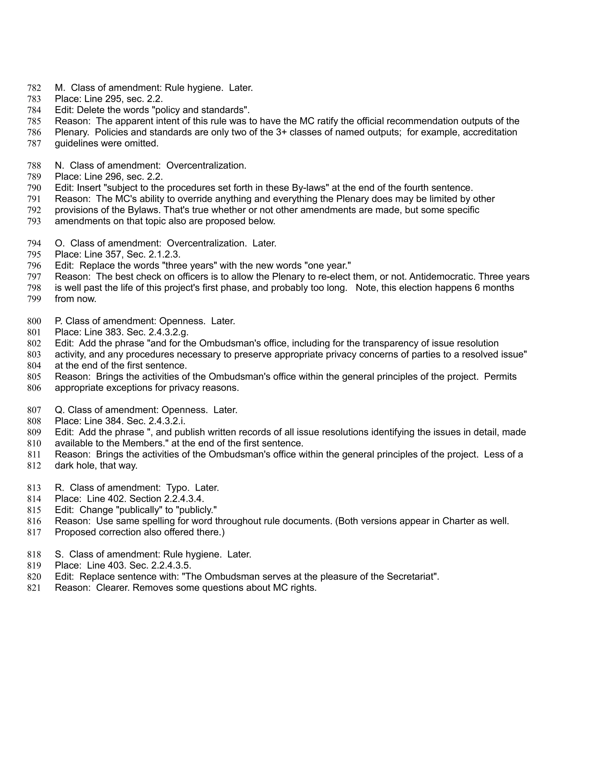 782   M. Class of amendment: Rule hygiene. Later.
783   Place: Line 295, sec. 2.2.
784   Edit: Delete the words "policy and standards".
785   Reason: The apparent intent of this rule was to have the MC ratify the official recommendation outputs of the
786   Plenary. Policies and standards are only two of the 3+ classes of named outputs; for example, accreditation
787   guidelines were omitted.

788   N. Class of amendment: Overcentralization.
789   Place: Line 296, sec. 2.2.
790   Edit: Insert "subject to the procedures set forth in these By-laws" at the end of the fourth sentence.
791   Reason: The MC's ability to override anything and everything the Plenary does may be limited by other
792   provisions of the Bylaws. That's true whether or not other amendments are made, but some specific
793   amendments on that topic also are proposed below.

794   O. Class of amendment: Overcentralization. Later.
795   Place: Line 357, Sec. 2.1.2.3.
796   Edit: Replace the words "three years" with the new words "one year."
797   Reason: The best check on officers is to allow the Plenary to re-elect them, or not. Antidemocratic. Three years
798   is well past the life of this project's first phase, and probably too long. Note, this election happens 6 months
799   from now.

800   P. Class of amendment: Openness. Later.
801   Place: Line 383. Sec. 2.4.3.2.g.
802   Edit: Add the phrase "and for the Ombudsman's office, including for the transparency of issue resolution
803   activity, and any procedures necessary to preserve appropriate privacy concerns of parties to a resolved issue"
804   at the end of the first sentence.
805   Reason: Brings the activities of the Ombudsman's office within the general principles of the project. Permits
806   appropriate exceptions for privacy reasons.

807   Q. Class of amendment: Openness. Later.
808   Place: Line 384. Sec. 2.4.3.2.i.
809   Edit: Add the phrase ", and publish written records of all issue resolutions identifying the issues in detail, made
810   available to the Members." at the end of the first sentence.
811   Reason: Brings the activities of the Ombudsman's office within the general principles of the project. Less of a
812   dark hole, that way.

813   R. Class of amendment: Typo. Later.
814   Place: Line 402. Section 2.2.4.3.4.
815   Edit: Change "publically" to "publicly."
816   Reason: Use same spelling for word throughout rule documents. (Both versions appear in Charter as well.
817   Proposed correction also offered there.)

818   S. Class of amendment: Rule hygiene. Later.
819   Place: Line 403. Sec. 2.2.4.3.5.
820   Edit: Replace sentence with: "The Ombudsman serves at the pleasure of the Secretariat".
821   Reason: Clearer. Removes some questions about MC rights.
 