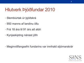 7




Hlutverk Þjóðfundar 2010
• Slembiúrtak úr þjóðskrá

• 950 manns af landinu öllu

• Frá 18 ára til 91 árs að aldri

• Kynjaskipting nánast jöfn



• Meginviðfangsefni fundarins var innihald stjórnarskrár
 