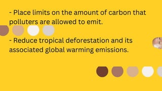 - Place limits on the amount of carbon that
polluters are allowed to emit.
- Reduce tropical deforestation and its
associated global warming emissions.
 
