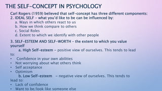 Carl Rogers (1959) believed that self-concept has three different components:
2. IDEAL SELF - what you’d like to be can be influenced by:
a. Ways in which others react to us
b. How we think compare to others
c. Social Roles
d. Extent to which we identify with other people
THE SELF-CONCEPT IN PSYCHOLOGY
3. SELF-ESTEEM AND SELF-WORTH – the extent to which you value
yourself
a. High Self-esteem - positive view of ourselves. This tends to lead
to:
• Confidence in your own abilities
• Not worrying about what others think
• Self acceptance
• Optimism
b. Low Self-esteem - negative view of ourselves. This tends to
lead to:
• Lack of confidence
• Want to be/look like someone else
 