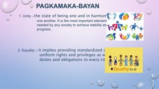PAGKAMAKA-BAYAN
1. Unity - the state of being one and in harmony with
one another. It is the most important element
needed by any society to achieve stability and
progress.
2. Equality – it implies providing standardized or
uniform rights and privileges as well as
duties and obligations to every citizen.
 