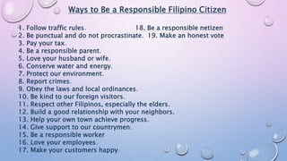 Ways to Be a Responsible Filipino Citizen
1. Follow traffic rules. 18. Be a responsible netizen
2. Be punctual and do not procrastinate. 19. Make an honest vote
3. Pay your tax.
4. Be a responsible parent.
5. Love your husband or wife.
6. Conserve water and energy.
7. Protect our environment.
8. Report crimes.
9. Obey the laws and local ordinances.
10. Be kind to our foreign visitors.
11. Respect other Filipinos, especially the elders.
12. Build a good relationship with your neighbors.
13. Help your own town achieve progress.
14. Give support to our countrymen.
15. Be a responsible worker
16. Love your employees.
17. Make your customers happy.
 