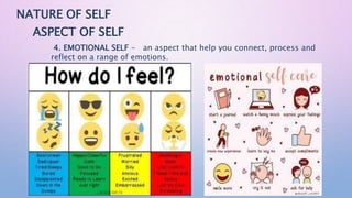 NATURE OF SELF
ASPECT OF SELF
4. EMOTIONAL SELF - an aspect that help you connect, process and
reflect on a range of emotions.
 