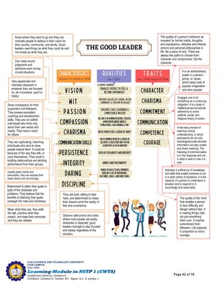 Page 62 of 76
ILOILO SCIENCE AND TECHNOLOGY UNIVERSITY
LEON CAMPUS
Leon, Iloilo
Compiled and outlined by: Camatison,G.
Contributors: Camatison,G, Tacardon, M.F., Aligaen, Q.Jr., & Jaurigue, J.
Show compassion for their
supporters and followers.
They posses exemplary
coaching and development
skills. They are not selfish
individuals who think only
about their own wants and
needs. They have a heart
for others.
They are captivating, charming
individuals who tend to draw
people toward them. It could be
because of the way they talk, or
carry themselves. They excel in
building relationships and eliciting
performance from their groups.
Very passionate and
intensely obsessed in
whatever they are focused
on, be it business, sport or
hobby.
Know where they want to go and they can
motivate people to believe in their vision for
their country, community, and family. Good
leaders view things as what they could be and
not simply as what they are.
Can make sound
judgments and
decisions even during
crucial situations
They are bold, willing to take
risks, and determined to chase
their dreams amid the reality of
fear and uncertainty.
Usually great orators and
persuaders, they can express their
ideas clearly and convincingly.
Determined to attain their goals in
spite of the obstacles and
problems. They believe that the
benefits of attaining their goals
outweigh the risks and hardships.
Mean what they say, they walk
the talk, practice what they
preach, and keep their promises
and they are reliable
Observe self-control and order,
where most people are easily
distracted or dejected, good
leaders manage to stay focused
and steady regardless of the
situation.
The quality of a person’s behavior as
revealed by his/her habits, thoughts,
and expressions, attitudes and interest,
actions and personal philosophies in
life. Be a piece of rock. There are
always two paths to choose from:
character and compromise. Opt the
character.
It is an extraordinary
power in a person,
group, or cause,
which takes hold of
popular imagination
and wins popular
Engages one to do
something as a continuing
obligation. It is a state of
intellectual and emotional
adherence to some
political, social, and
religious theory of action.
A two-way process of
reaching mutual
understanding, in which
participants do not only
exchange(encode-decode)
information but also create
and share meaning. The
meaning of communication
is in the response and not
in what is said or how it is
said.
Indicates a sufficiency of knowledge
and skills that enable someone to act
in a wide variety of situations. It is the
capacity of a person to understand a
situation and to respond to it
accordingly and reasonably.
The quality of the mind
that enables a person
to face difficulty and
danger without fear. It
is making things right,
not just smoothing
them over. It inspires
commitment from
followers. Life expands
in proportion to one’s
courage.
 