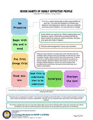 Page 70 of 76
ILOILO SCIENCE AND TECHNOLOGY UNIVERSITY
LEON CAMPUS
Leon, Iloilo
Compiled and outlined by: Camatison,G.
Contributors: Camatison,G, Tacardon, M.F., Aligaen, Q.Jr., & Jaurigue, J.
The whole is greater than the sum of its parts. More tasks can be done if all things within reach are maximized and utilized.
Synergize is the habit of creative production. Best results can be produced as a group than as individuals.
Proactive means being able to take responsibility for
your life. You have the freedom to choose your
behavior and response to stimuli. Use your creativity
and have some initiative. You are the one in charge.
Know where you want to go. When making plans and
decisions, see to it that time and effort that will be
spent conform to what you want to achieve. Envision
your goal and make it happen.
Practice self-management. Know your priorities.
“The best way to understand is to listen”. The practice of empathy governs this habit. It is about putting yourself in someone
else’s shoes. By listening to a person’s explanation, only then can you evaluate probe, give advice, and interpret his/her
feelings.
Lok at life as a cooperative arena, not a competitive one. Enter agreements or make solutions that are mutually beneficial and
satisfying both parties.
What you have learned a couple years back will have become
outdated. Many things evolve and develop so fast that you need
to update through various food-for-the brain resources. A sense
of humor is vital to relieve tension and boredom as well as to
defuse hostility. Effective leaders know how to use humor to
energize his/her followers. Humor is a form of power that
provides some control over the work environment even as it
fosters camaraderie.
Ctto: Garily Cm tsn
 