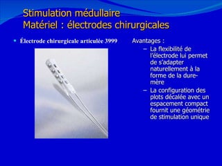 Électrode chirurgicale articulée 3999 12/08/11 Stimulation médullaire Matériel : électrodes chirurgicales Avantages : La flexibilité de l’électrode lui permet de s’adapter naturellement à la forme de la dure-mère La configuration des plots décalée avec un espacement compact fournit une géométrie de stimulation unique 